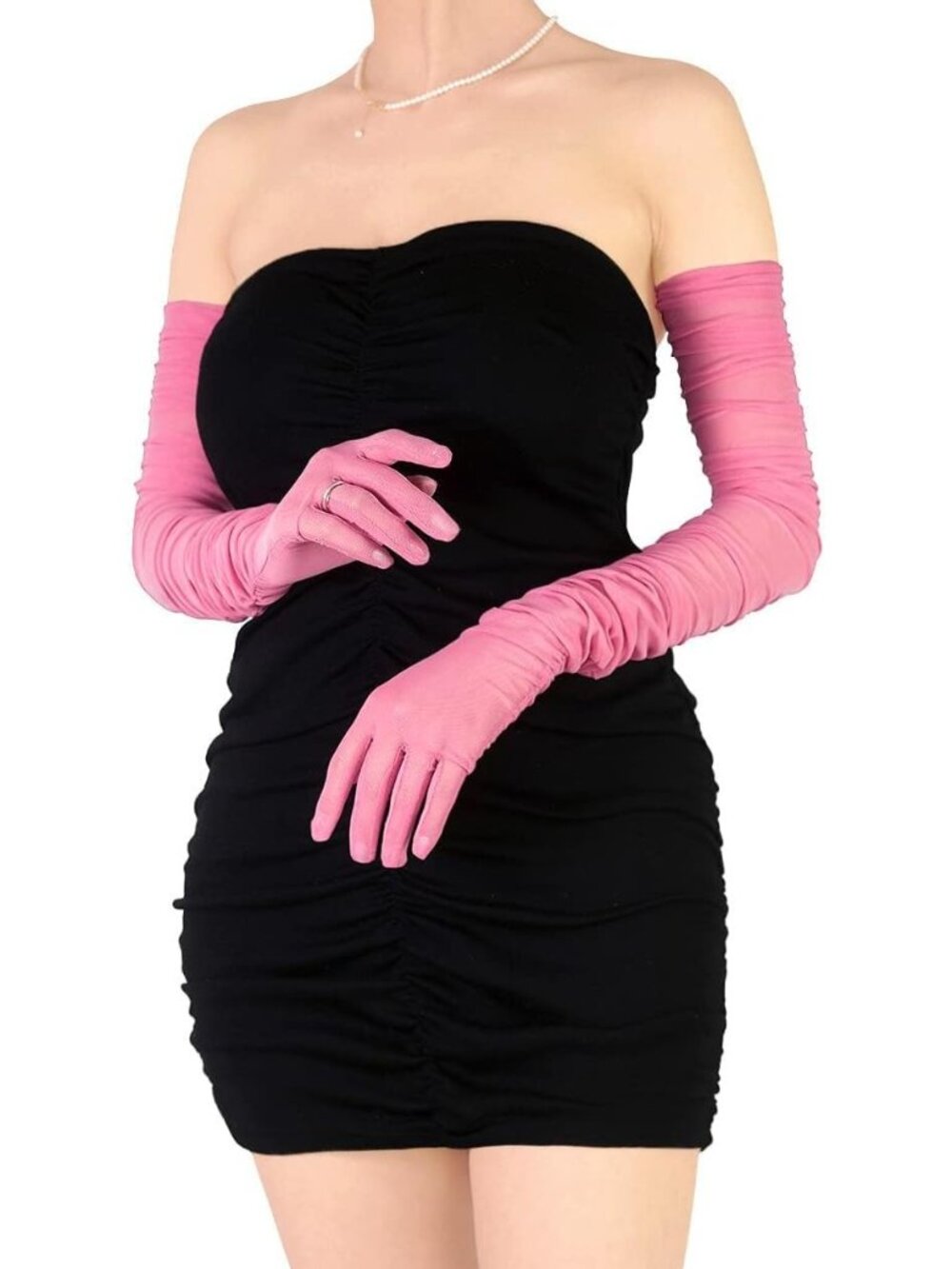 Women Dusty Rose Stretchy Sheer Mesh Tulle Long Lace-like Non-slip Opera Gloves